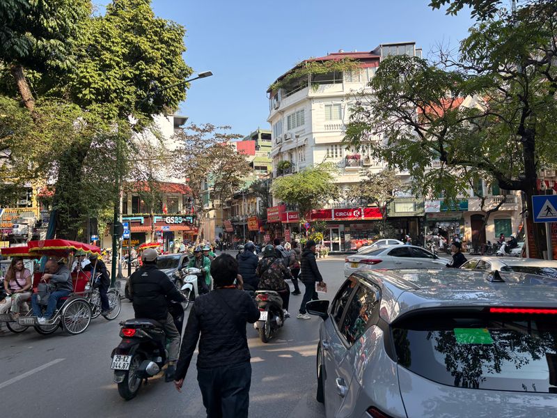 Motorbikes and cars on a tree-lined street in Hanoi’s Old Quarter